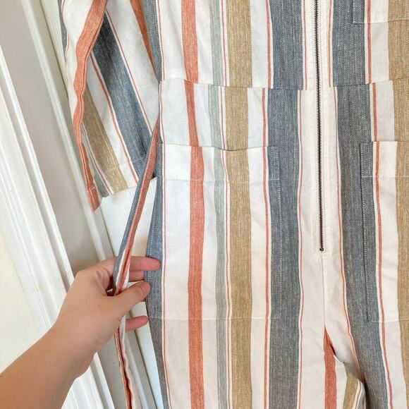 MADEWELL V-Neck Tie-Waist Jumpsuit Cotton Summer Beachy Size 2 Coastal Striped - Picture 8 of 11